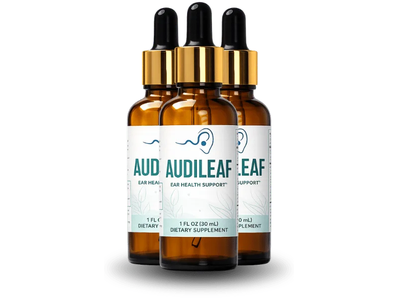 Three bottles of AudiLeaf liquid ear health formula